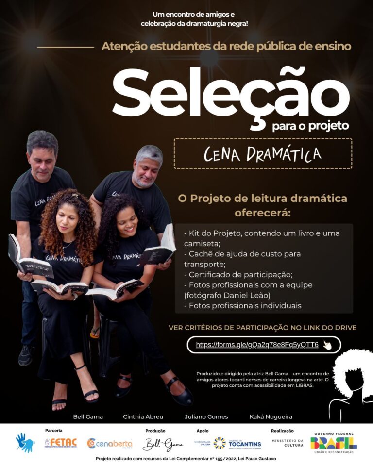 Leia mais sobre o artigo Projeto Cena Dramática seleciona estudantes da rede pública para atuar ao lado de grandes nomes do teatro tocantinense
